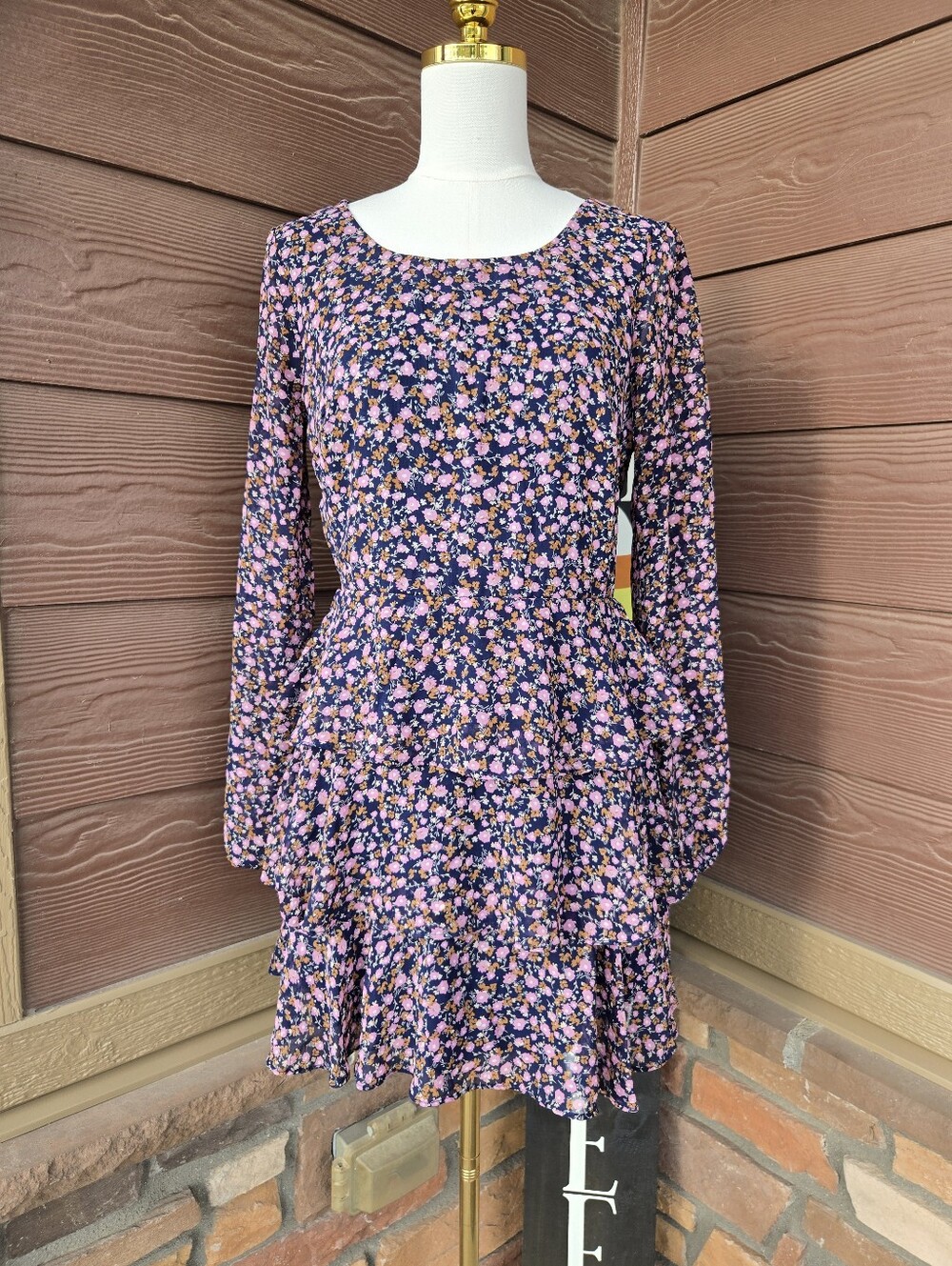 Trixxi Pink Floral Long-Sleeve Tiered Mini Dress – Juniors Large NWOT